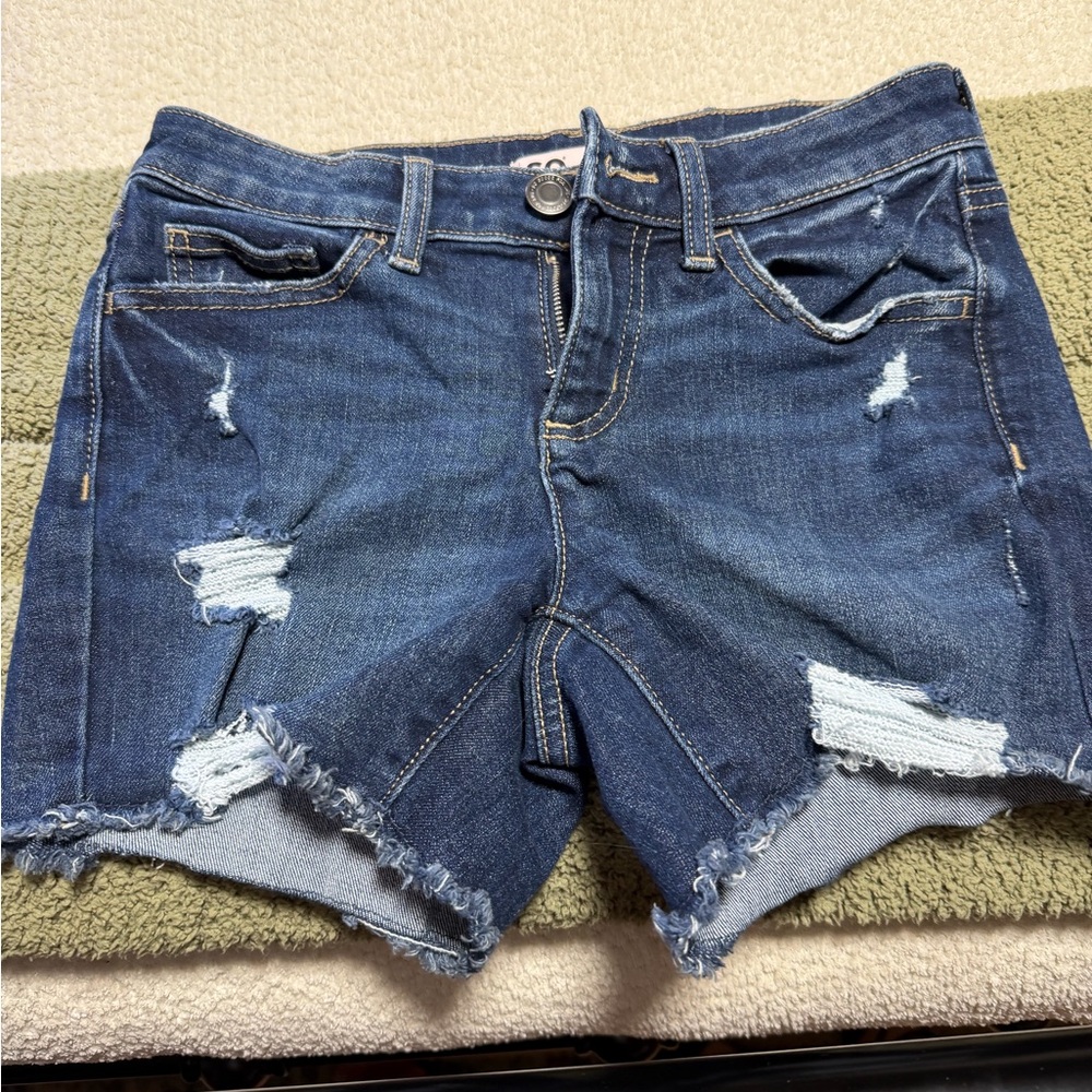 SO Dark Blue Distressed Denim Cutoff Shorts with Frayed Hem